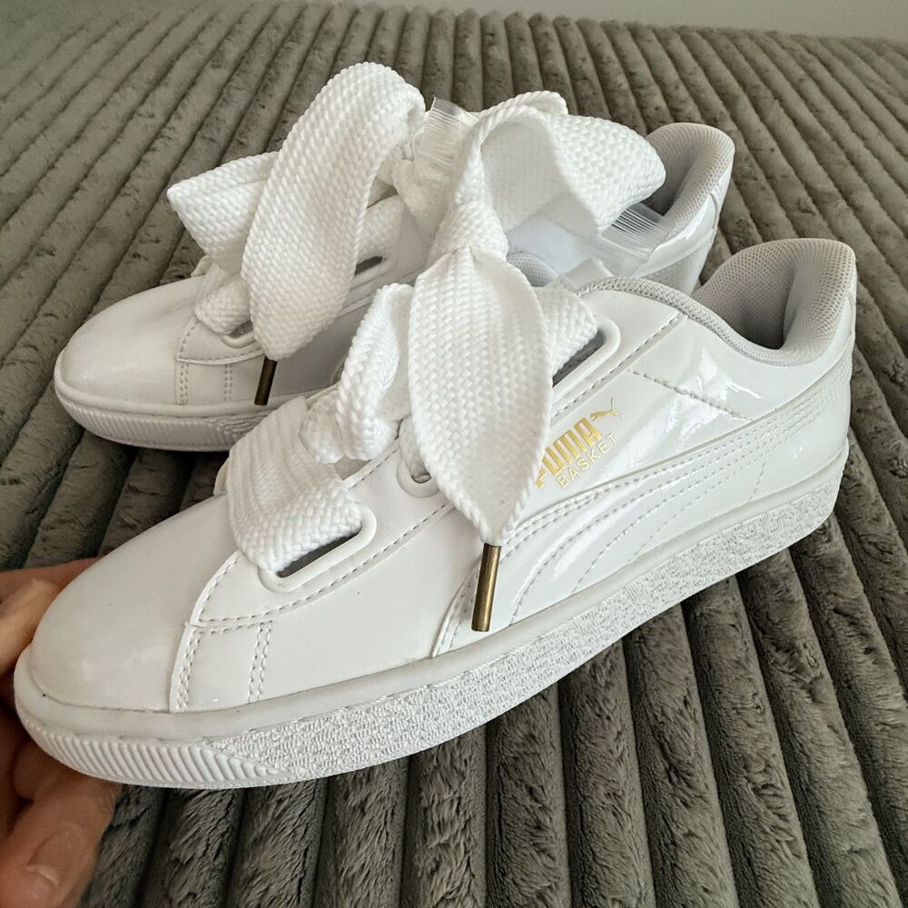 PUMA Basket Heart Patent Sneakers NIB Ribbon Laces White Women’s 9.5